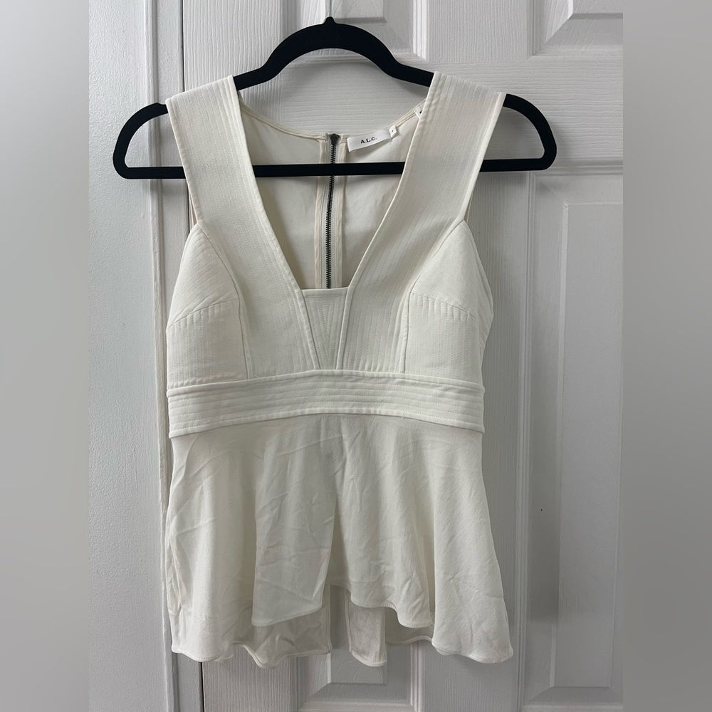 A.L.C. Cream Structured V-Neck Peplum Tank Top